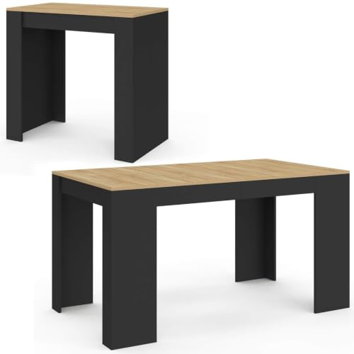 IDMarket - Ausziehbarer Konsolentisch Orlando 6 Personen 140 cm schwarzes Holz und Buchenholzoptik