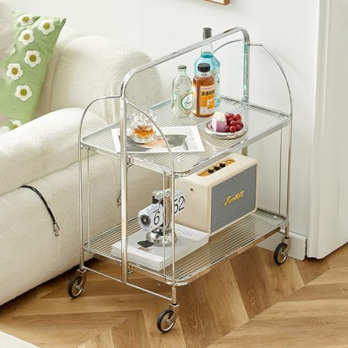 Carrello portavivande in vetro con ruote, mobile da pranzo, organizer per riporre oggetti a 2 livelli, unità di scaffali per il bagno con ruote, tavolino laterale per divano, carrello di servizio mult