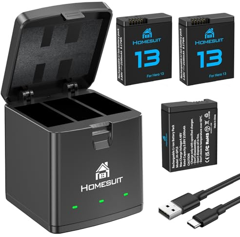 Homesuit Hero 13 - Batteria ricaricabile da 2100 mAh e LED a 3 canali, per GoPro Hero 13 Black Enduro, batteria ricaricabile con tipo C (confezione da 3)