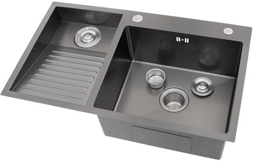 KOOGIMDDR 80x48cm Negro Gris Fregadero de Lavandería, 304 Acero Inoxidable Lavabo de Balcón, Doble Fregadero Fácil de Limpiar con Piscina