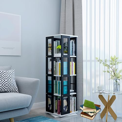 360° drehbares Eck-Bücherregal, Turm mit Metallrahmen und Holzdisplay, Lagerregal, bodenstehend, drehbar, Bücherregal, Nizer für kleine Räume, Schlafzimmer, 4 Etagen, Schwarz 15,7 x 15,7 x 51 cm