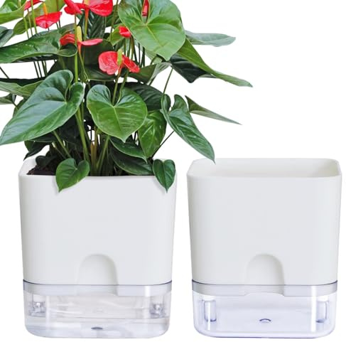JLISENYIG Self-priming potted plant square container visible water level storage flower pot self-watering double layer pp plastic flower pot automatic moisturizing white