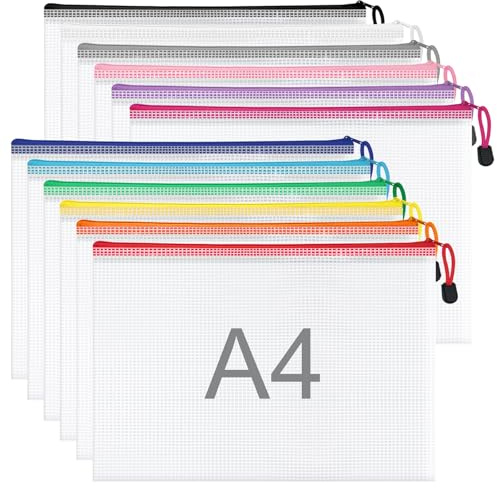 WISYOK 12 Stück Dokumententasche, A4, 12 Farben, 33×23cm | Reißverschlusstasche, Wasserdichte Mesh Dokumententasche für Dokumente, Dokumententaschen für Büro, Schule und Reisen