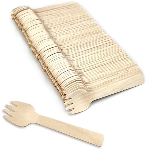 100 Stück Mini Einweg-Holzgabel - Umweltfreundliche 2-in-1-Gabel & Löffel-Utensilien, Naturholz, ideal für Desserts & Probenehmer