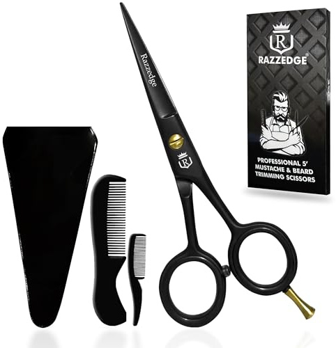 5 Professional Mustache & Beard Scissors With 1 Beard, 1 Mustache Comb & Travel Pouch, Stainless Steel Black Mustache & Beard Trimming Scissors for Men Facial Hair and Grooming.