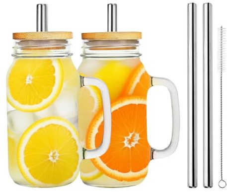 700ml Mason Jar Cups Set of 2, Mason Jars with Handle, Mason Jar Drinking Glasses with Lid and Straw, Transparent Can Shape Beer Glasses for Smoothies Juice Coffee Cocktail Whiskey