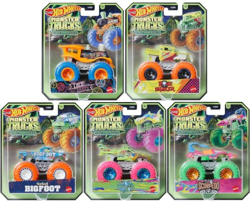 Hot Wheels Monster Trucks Glow in The Dark Collection, juego de 5 unidades, Shark Wreck, Bigfoot, Bone Shaker, Scorpedo, Loco Punk
