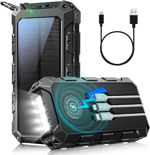 Power Bank Solar 52800mAh con Carga Inalámbrica: Batería Externa de Carga Rápida de 30W con 3 Cables 7 Salidas, Linterna LED y Pantalla Indicadora, Ideal para Camping al Aire Libre