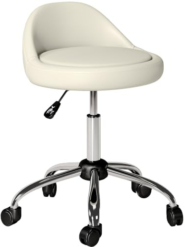 HOMCOM Rollhocker Höhenverstellbar 63-83 cm Drehbar mit Rädern Weiß | Drehhocker, Drehbarer Arbeitshocker, Bürohocker, Salonhocker, für Büro Salon Massage Spa, Kunstleder