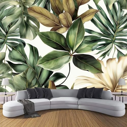 Carta Da Parati Effetto 3D Piante Ad Acquerello Salotto Camera Corridoio Murali Foglie Tropicali Decorazione Da Muro 200×140cm Bianco Grande Carta Da Parati Resistente Ai Raggi Uv