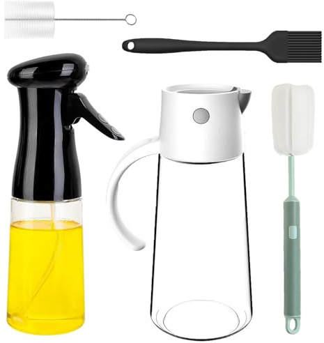 2 Stück Ölflasche Set, 550ml Olivenölspender Flasche, 200ml Öl Sprühflasche, Ölsprüher für Speiseöl Glas, Olivenölsprüher mit Silikon Ölbürste, Reinigungsbürste, für Backen, Grillen(Weiß, Schwarz)