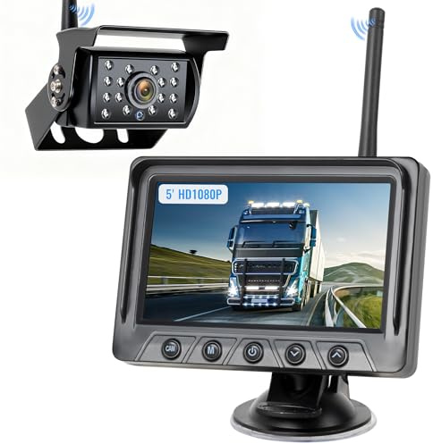 WOOCARTY RV Backup Camera Wireless 1080P Rear View IR Night Vision Camera and 5 Monitor System, IP69 Waterproof Reverse Camera System for Hitching Trailer, Truck, Camper, Fifth Wheels, Pickup, WZ5