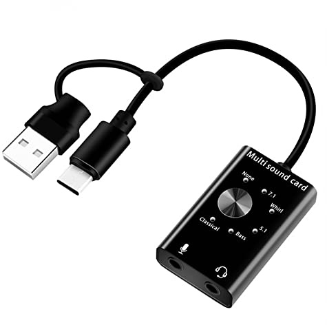 Quystetes Externe Soundkarte, USB 2.0 Typ C, Stereo-Mikrofon-Adapter, USB-Audio-Soundkarten-Adapter, Professioneller Konverter für Laptop-Headset, PC-Lautsprecher