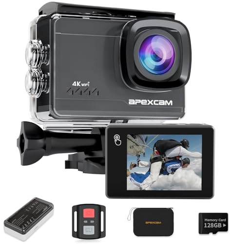Apexcam M90 mit 128G Karte Action Cam 4K60FPS 64MP WLAN EIS Bildstabilisierung Sportkamera mit Touchscreeen Unterwasserkamera 40m Wasserdicht 8X Zoom 2.4G Fernbedienung 2x1350mAh Akkus mit Zubehör-Set