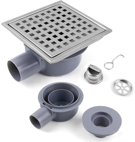 LIROPAU Edelstahl Duschablauf 15 * 15cm, Edelstahl Ablaufrinne Bodenablauf mit Geruchsverschluss und Ablaufrinne Haarsieb, 360° Siphon, Schnelle Entwässerung für Außenbereich, Balkon, Hof