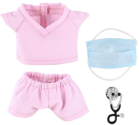 Dockkläder för 17cm, Doktor Sjuksköterska Scrubs Outfit Set med Mini Mask Stetoskop Söta Klädesaccessoarer för DIY Klännings Älskare & Samlare (Rosa)