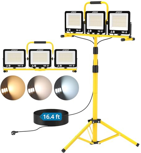 AUTOUTLET Foco de Trabajo LED 300W, 27000LM 3 Cabezales Rotación de 360° 3000K/5000K/6500K, Impermeable IP66 Con Cable 5m y Trípode Ajustable para construcción,acampada,taller