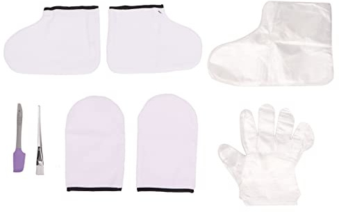 Juego de guantes de tratamiento de cera, kit profesional de cuidado de spa, cubierta hidratante para pies de cera de parafina con cepillo transparente y espátula morada, incluye
