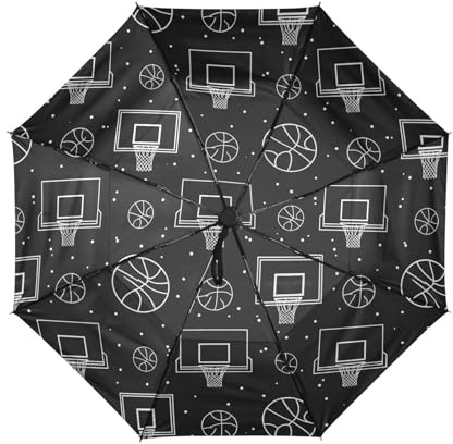 Jelcorar Basketball Hoop Black pattern Windproof Automatic Folding Umbrella 21 Inch Umbrella with UPF 50+ Black Coating, Compact Portable Umbrella for Travel Sun Protection Rain