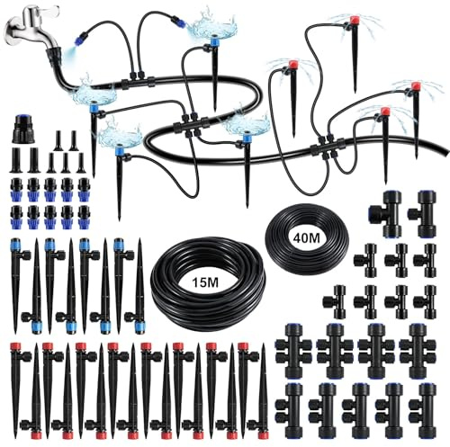 Aischens Kit de Riego por Goteo con Manguera Principal para Jardín | 15m (1/2”) y Manguera Distribuidora de 40m (1/4”), 15 Goteros Autocompensantes, Sistema de Riego para Parterre Césped Banco