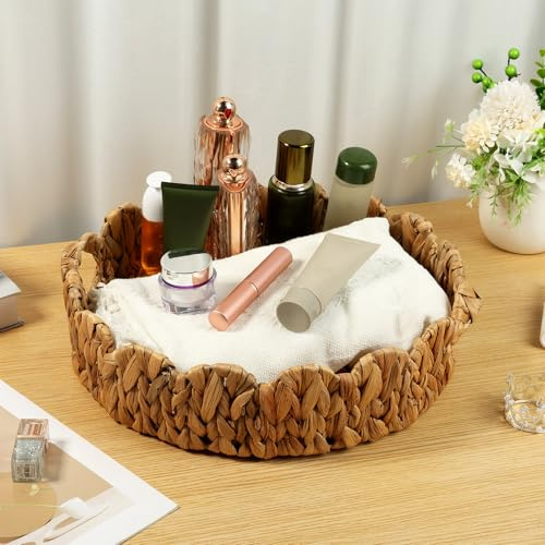 Bandeja redonda de 40 cm, cesta ondulada con asas, cesta de mimbre natural trenzada, bandeja de mesa de centro rústica, decoración para comida, flores y alimentos