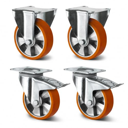Abrollwerk 4er Set Schwerlastrollen 125-200 mm bis 1800 kg – Lenkrollen mit Bremse, Lenkrollen & Bockrollen – Alu-Radkörper, Doppelkugellager (125mm, 2 Lenkrollen mit Bremse / 2 Bockrollen)