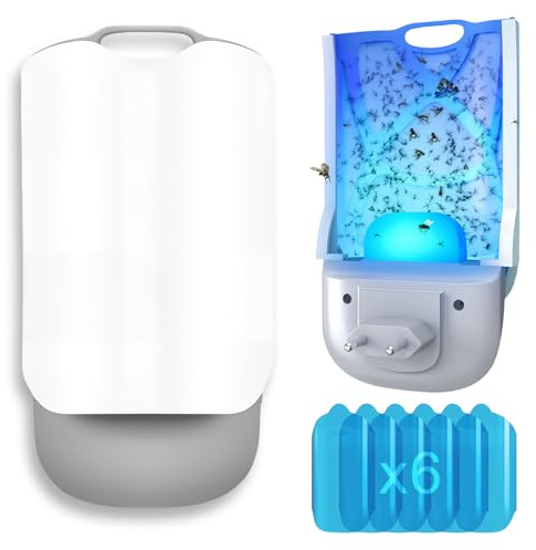 Fancysky Piege a Mouche, Attrape Mouche, Attrape Moucheron Interieur, Lampe Anti-moustiques avec Lumière UV Nocturne, Prise Anti-moustiques (1 Appareil + 6 Cartes adhésives)