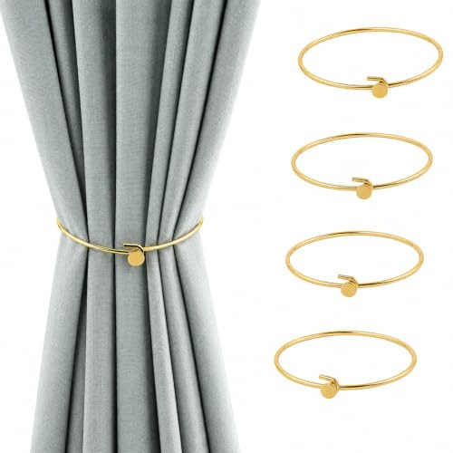 Hustge 4 Stück Gardinen Raffhalter Metall, 60 mm Vorhanghalter Gold ohne Bohren, Runde Gardinenhalter für Vorhänge, Schlafzimmer, Wohnzimmer und Klassische Gardinendekoration