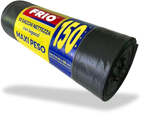 FRIO - 10 große schwarze Säcke, 150 Liter, Maxi Weight Eigentumswohnungs-Müllsäcke pro Mülltonne, getrennte Sammlung, mit Krawatten. Müllsäcke 80x120 cm, mehrlagig, langlebig