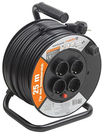 Meister Kabeltrommel H05VV-F3G1,5 – 25 m Kabel – Thermoschutz-Schalter | Indoor – Kabelrolle mit 4 Schuko-Steckdosen – Kabelbox mit Verlängerungskabel – Leitungsroller mit Kurbel