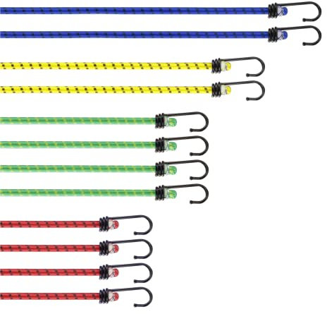 PRETEX Spanngummi mit Haken 12er-Set in 4 Längen - hochbelastbare mehrfarbige Gepäckspanner - Expander mit Haken - Spanngurte mit Haken Set - Ladungssicherung für unterschiedliche Gepäckarten
