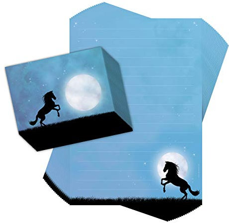 emufarm Briefpapier-Set für Kinder PFERD IM MONDLICHT 20 Blatt DIN A4 mit Linien, 20 bedruckte Umschläge, Mädchen, Pferd, Blau, Liniert (1,5 cm)