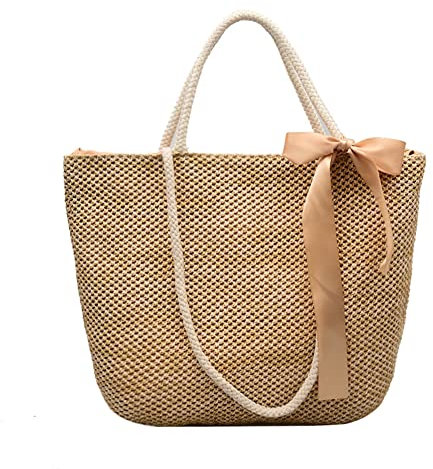 Vobozeany Stroh Handtasche Damen Sommer Strand Groß Henkeltasche Schultertasche Geflochten Basttasche Frauen Einkaufskorb Shopper für Reisen Urlaub Freizeit