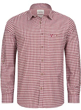 Nübler Trachtenhemd Herren - Langarm Hemden im Landhausstil, Regular Fit mit Ärmeln zum Hochkrempeln - Moderne bayrische Tracht, Hemd SEPP Weinrot kariert, Größe:L