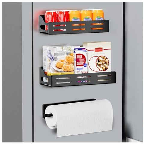 Carwiner 3 Pack Magnetic Spice Rack for Refrigerator with Paper Towel Holder, Magnetic Refrigerator Organizer, Strong Magnetic Fridge Shelf, Rustproof Side Fridge Storage Rack for Kitchen