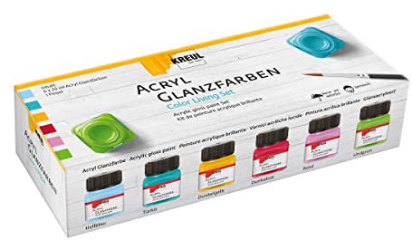 KREUL 79601 - Acryl Glanzfarben, Set Color Living, 6 x 20 ml Farbe und ein Pinsel, glänzend-glatte Acrylfarbe zum Anmalen und Basteln, auf Wasserbasis, speichelecht, schnelltrocknend und deckend