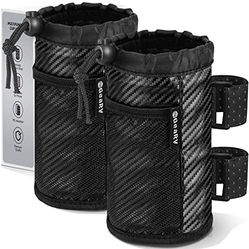 GEARV Getränkehalter für Fahrrad, Roller/Rollstuhl, Wasserflaschenhalter UTV/ATV, Walker, Golfwagen und Strand, Universal-Getränkehalter-Zubehör mit Netztasche und Kordelschloss (Kohlefaser), 2 Stück