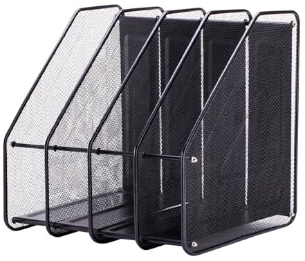 4 Fächer Zeitschriftensammler, Gitter Metall Schreibtisch Ordner Halter, Zeitschriftensammler Metall Buchstütze, Aufbewahrung Ordner, Schnellhefter, Organisator, für Schule Heimbüro Büro (Schwarz)