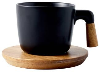 GUYANA Mug Personnalisé Service à café avec poignée en bois, tasse à café en céramique noire et blanche mate et plateau en bois Tasse Personnalisable (Color : Black)