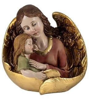 Figura Angel de la Guarda con una niña en Brazos de Resina Pintada a Mano 11 cm