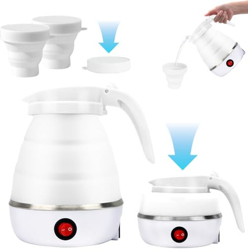 Bollitore pieghevole da 600 ml, con 2 bicchieri pieghevoli, mini bollitore da viaggio portatile per campeggio, viaggi, vacanze