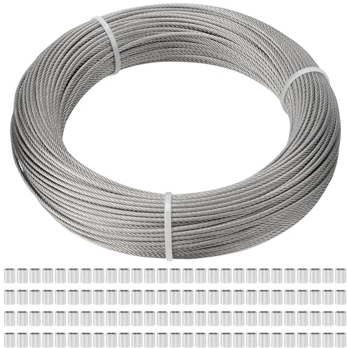 FAAING 60 m x 2 mm stålvajer rostfritt stål, 316 trådkabel i rostfritt stål med 60 aluminiumhylsor, vajer av rostfritt stål för gardinlina, tvättlina, vajerlinor, 7 x 7 licenkärna, 167 kg