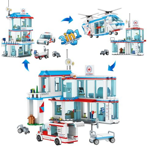 QLT QIAOLETONG City Ospedale 3 in 1 set di mattoncini da costruzione, ospedale, con elicottero di salvataggio, rimorchio e barella, regali STEM per bambini 6-12+ anni