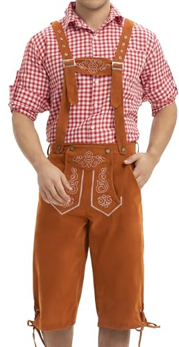 COOFANDY Pantaloni Tradizionali Pantaloni in Pelle da Uomo Abito da Oktoberfest Cintura Tradizionale Set Bavarese Pantaloni Ginocchio Lederhosen Marrone Chiaro XXL