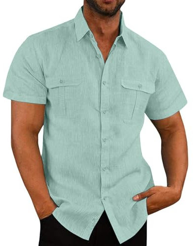 Mens Linen Shirts Short Sleeve Button Down Shirts Regular Fit Casual Smart Lapel Collar Cotton Linen Blouse Tops Solid Summer Beach Hawaiian Grandad Shirt with Double Pocket Mint Green