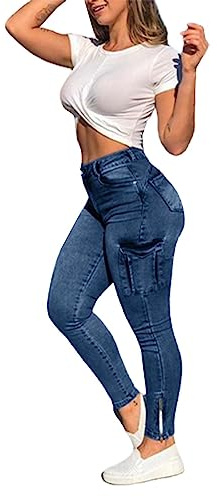 FNKDOR Mom Jeans Damen High Waist Slim fit Cargo Skinny Jeanshose mit Bein-Reißverschlüsse (Dark Blue, L)