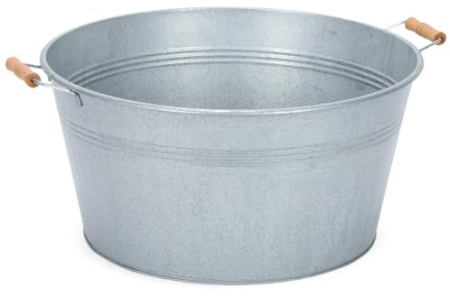 Grande ciotola in zinco con manici in legno, 50 x 25 cm, resistente alle intemperie, per esterni, da giardino, in argento, vasca in metallo con manico, ideale come fontana, fontana solare, mini