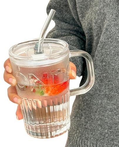 FGQCBBYC Bouteille d'eau Tasse Mignonne avec Poignée en Verre De Paille Tasse De Thé À Thé Tasse De Thé À Chaleur Tasse-Cup De Put Transparent + Couvercle + Paille-400 ML