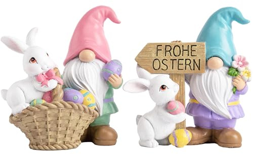 Valery Madelyn 2 Stück Gartenzwerge Osterhasen für Osterdeko modern mit Ostereier,Frühlingsdeko Gartendeko Wichtel Figuren draußen,Tischdeko,Ostern Geschenke,10cm,Rosa Blau(M)