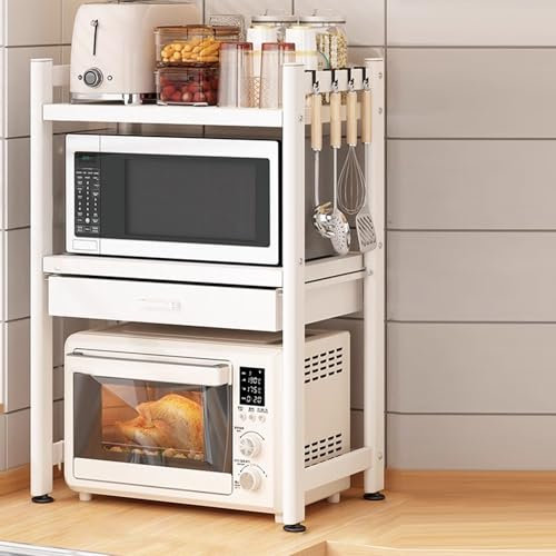 Meuble Four et Micro Ondes, Support Micro Onde, Support Four, Étagère de Rangement 2/3 Couches avec Tiroirs, Bricolage Gratuit, avec Crochets, Matériau en Acier au Carbone, Hauteur Réglable